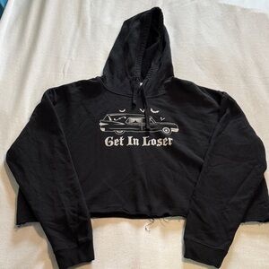 Get In Loser Black Cropped Hoodie with Hearse Graphic